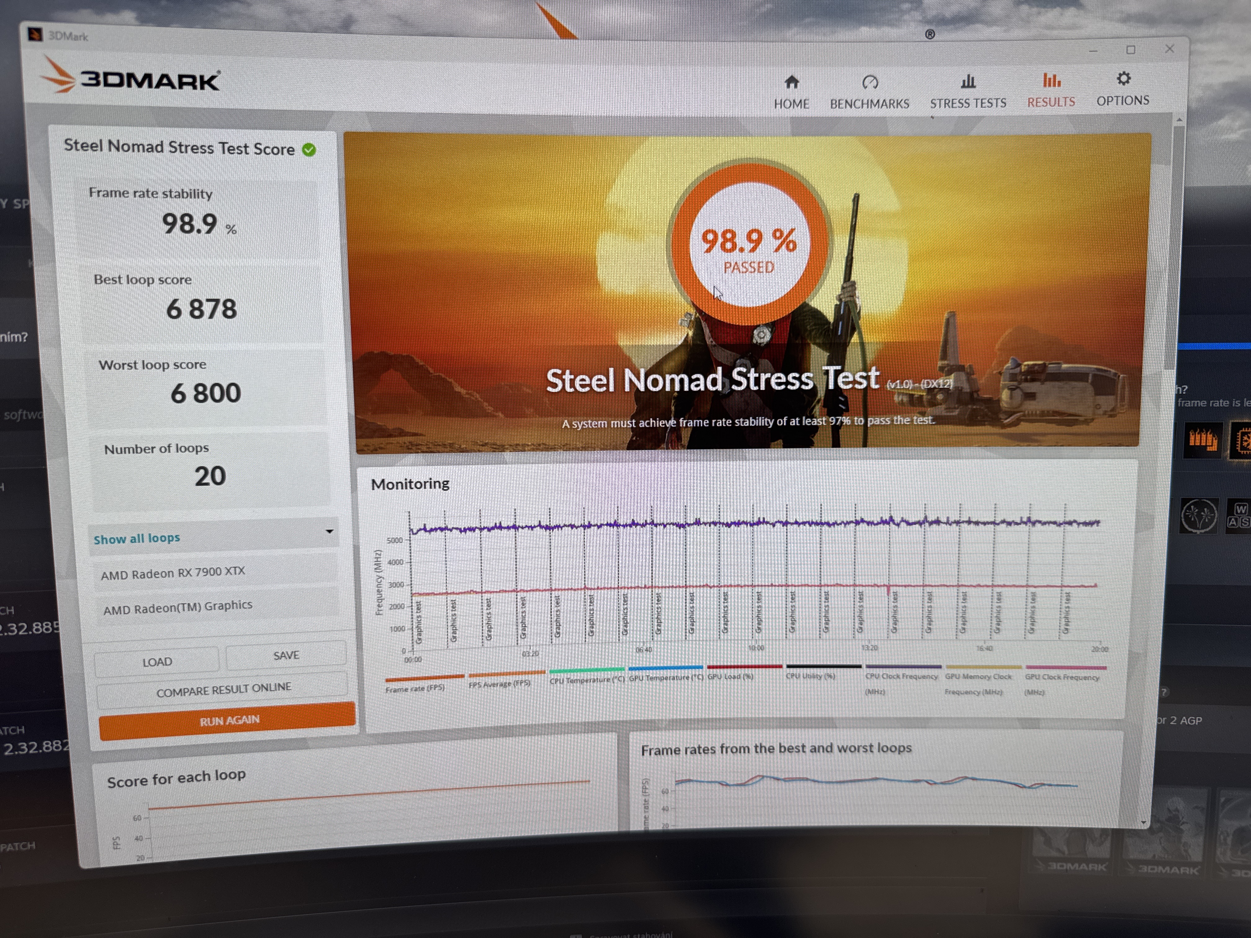 Steel Nomad Stress Test po servise: 98,9 % stability.
