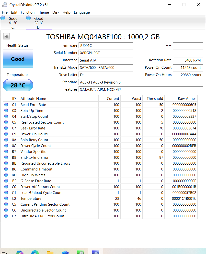 Dátový HDD Toshiba 1 TB má stav Good, teplotu 28 °C a približne 29 860 prevádzkových hodín.