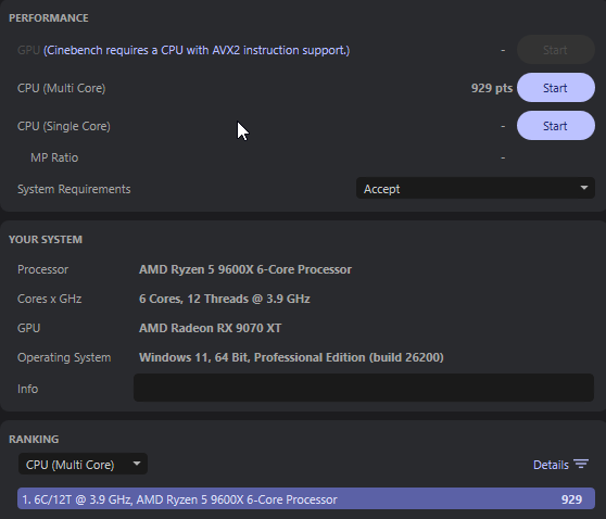 Výstupné meranie procesora Ryzen 5 9600X v Cinebench.