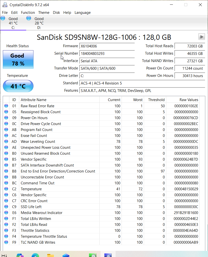 Systémový SSD SanDisk 128 GB má zdravie 78 % a teplotu 41 °C.