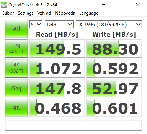 CrystalDiskMark dátového HDD: sekvenčné čítanie 149,5 MB/s a zápis 88,30 MB/s.