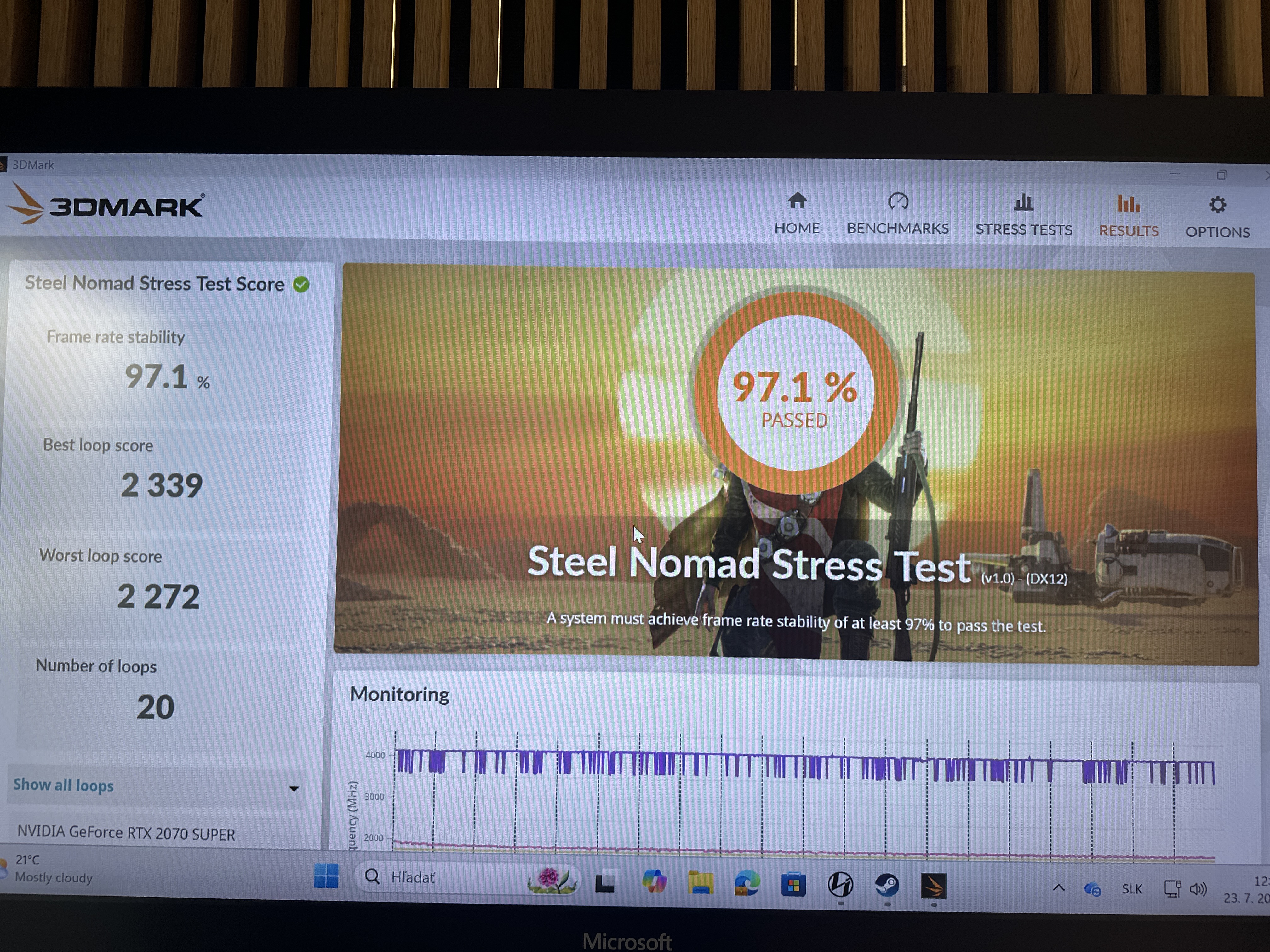 3DMark Steel Nomad Stress Test prešiel s výsledkom 97,1 % po 20 cykloch.