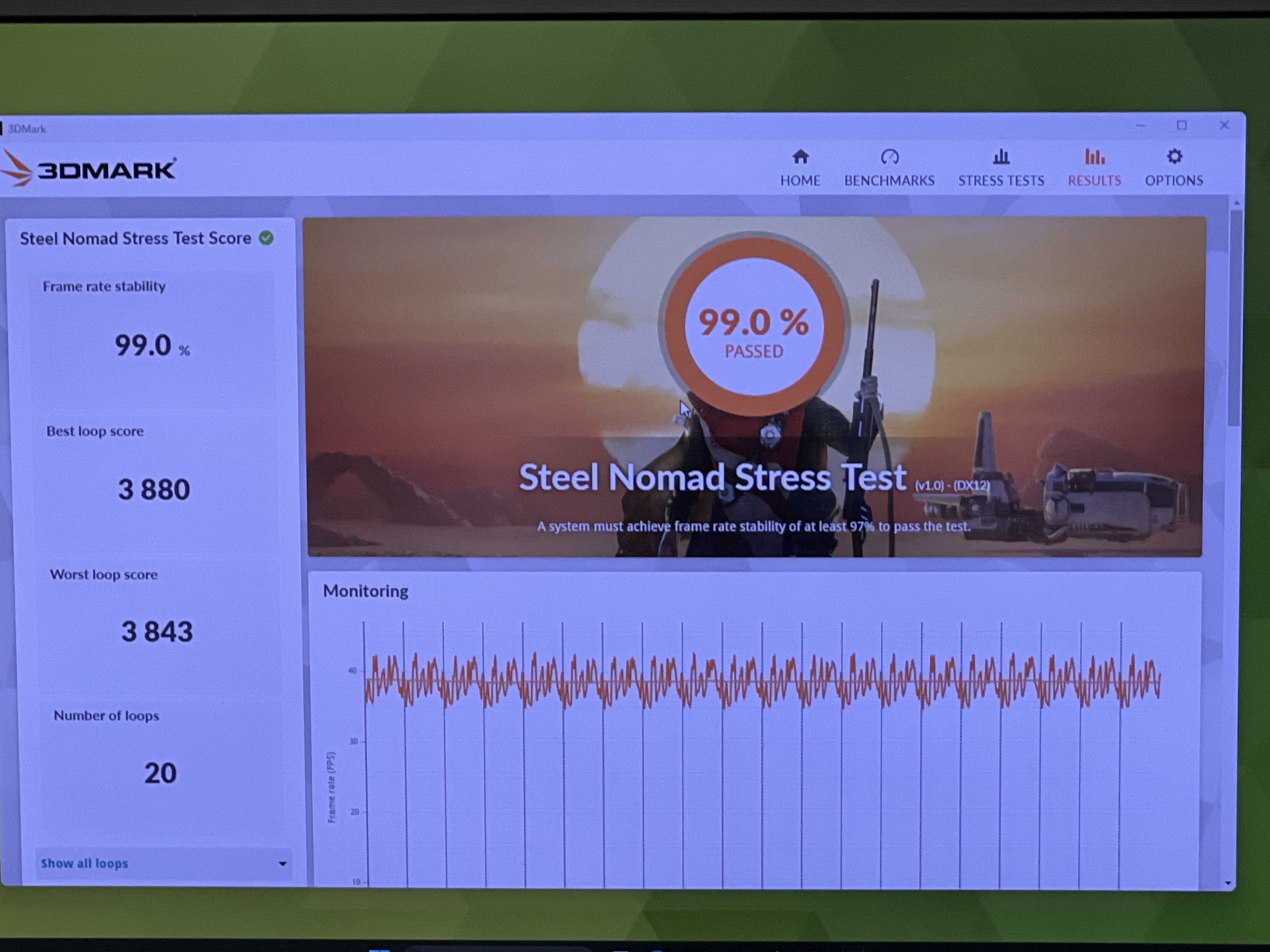 Steel Nomad Stress Test po oprave chladenia: 99,0 % stability.