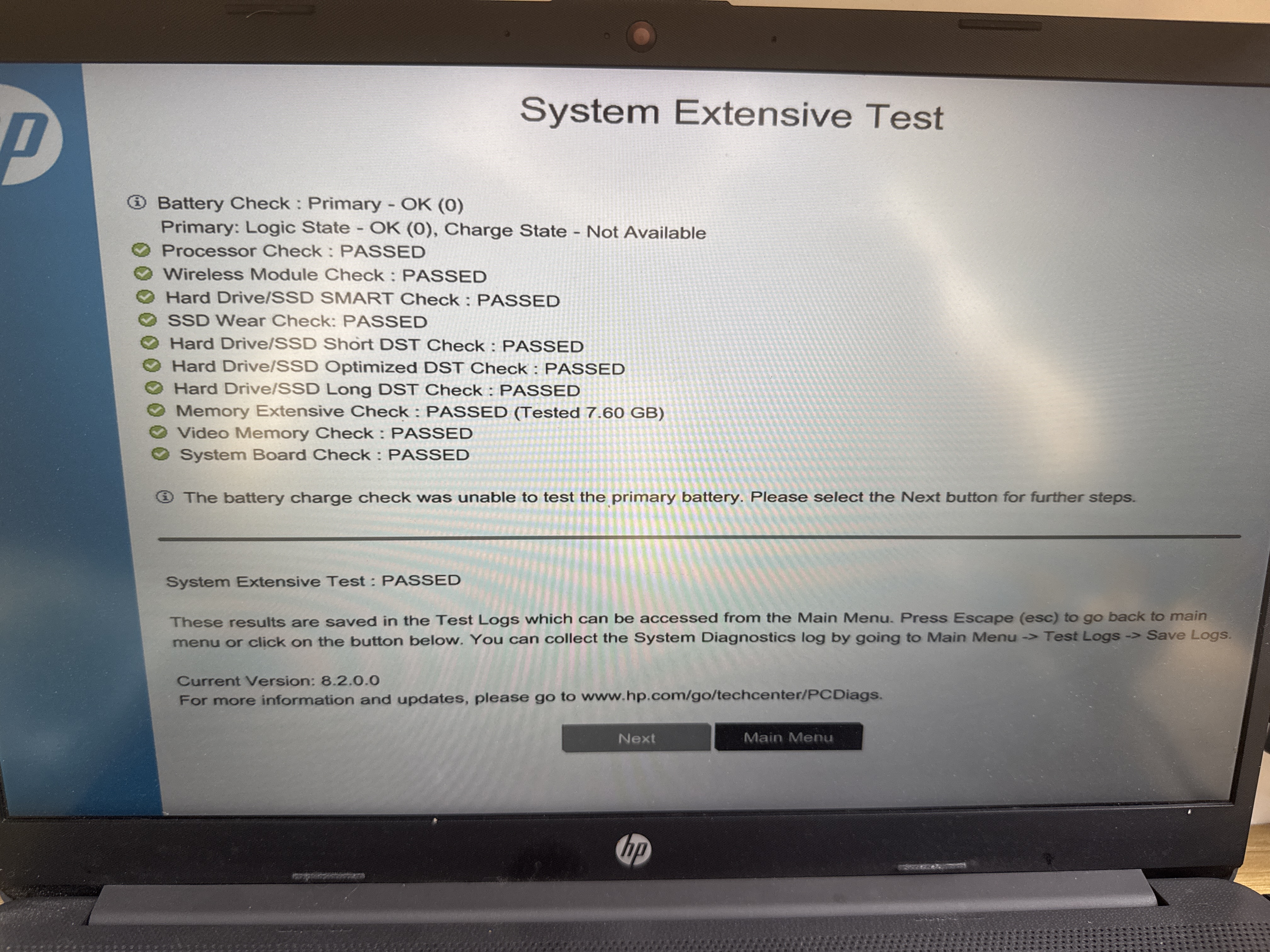 Výsledok interného rozšíreného testu HP po obnove napájania.
