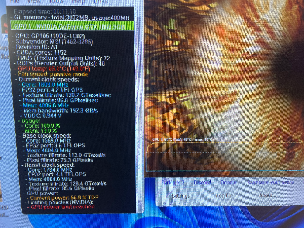 GPU stress test GTX 1060 pri 65 stupňoch a 100 percentnom využití