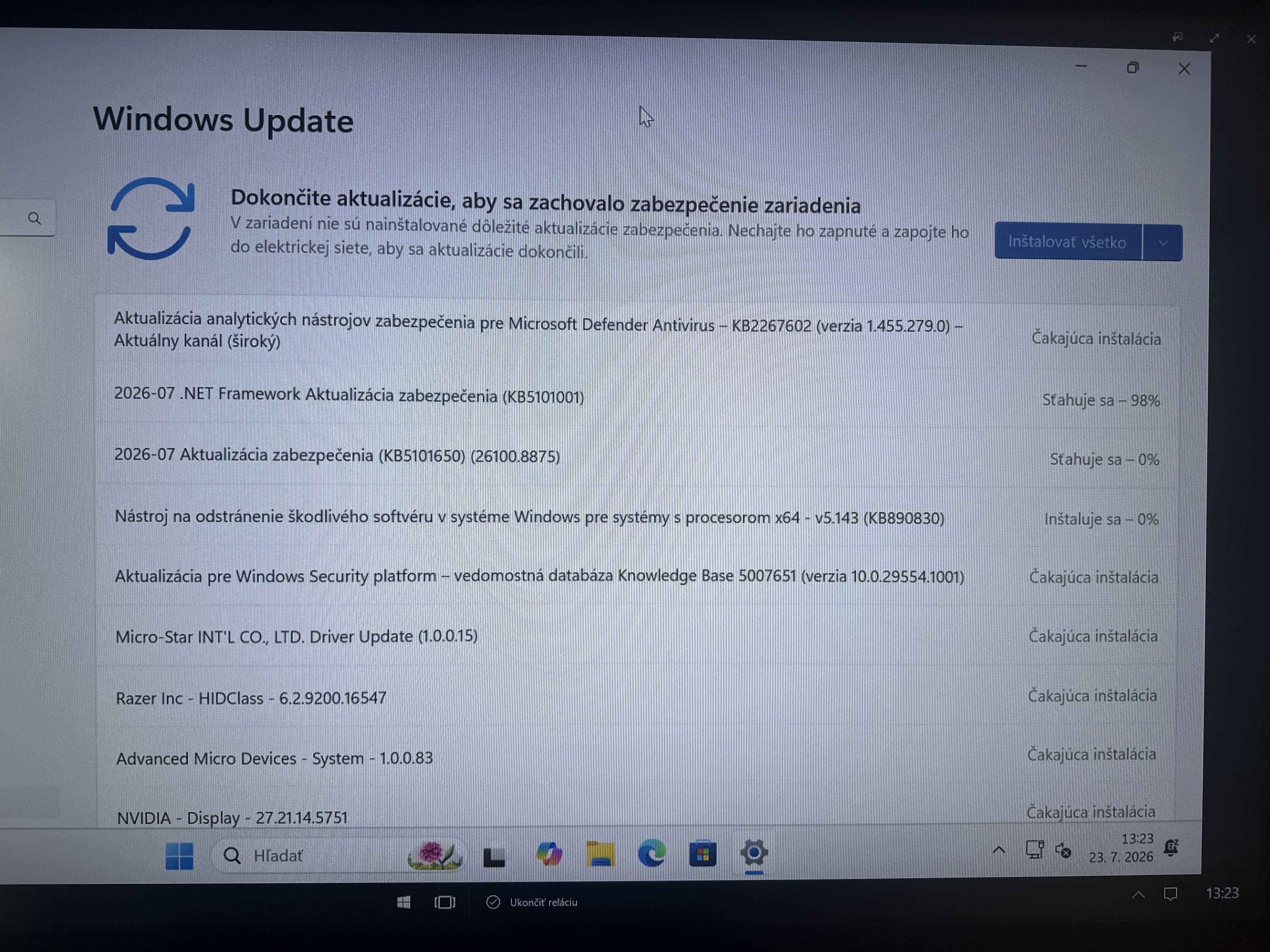 Inštalácia aktualizácií po obnove systému.