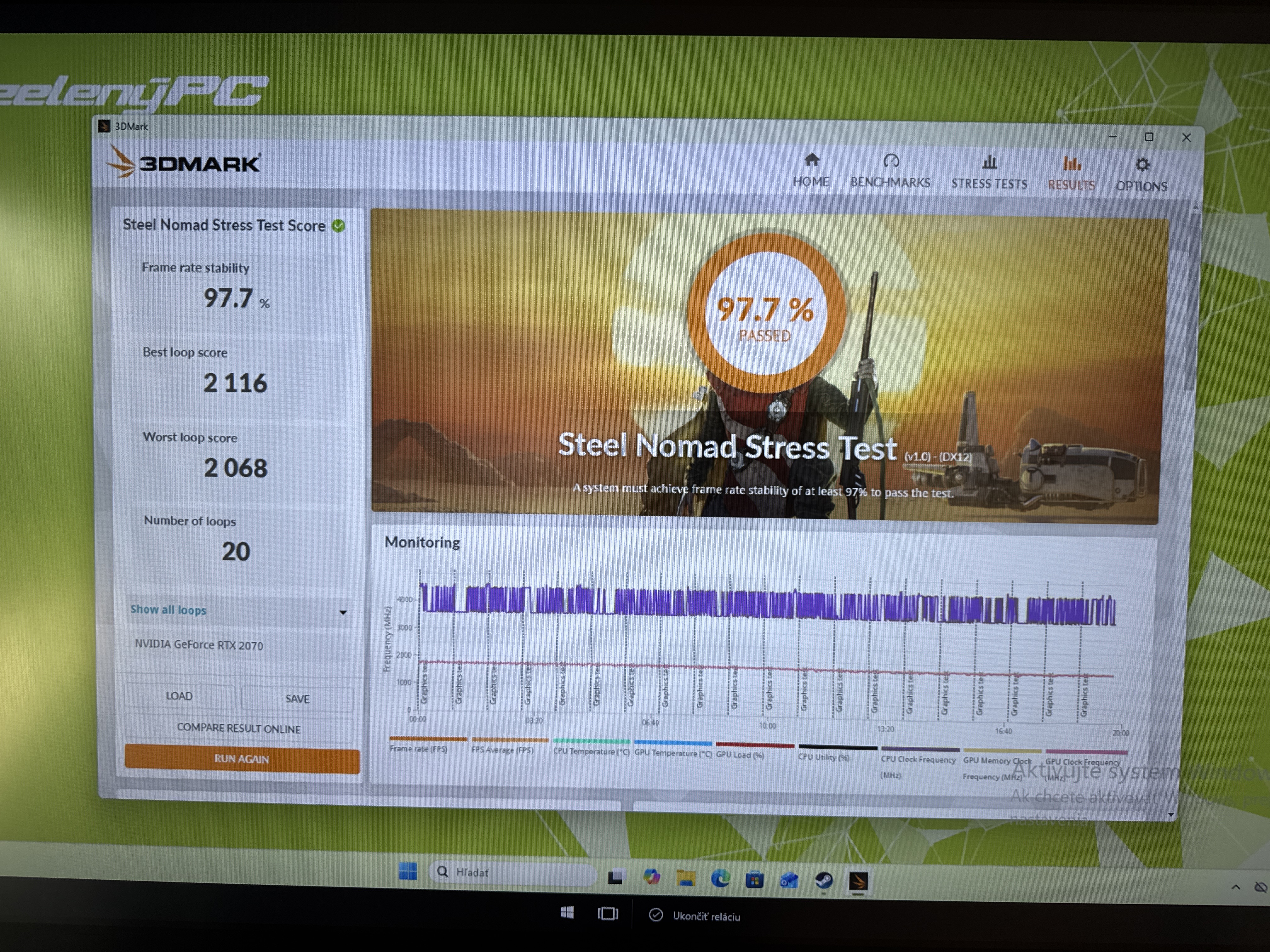 Steel Nomad Stress Test po servise: 97,7 % stability.