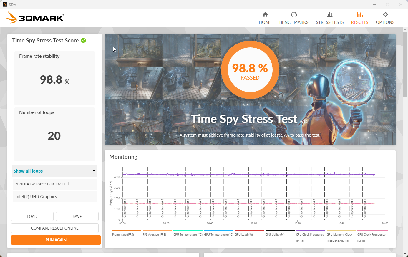 Záťažový test Time Spy po dokončení opravy.