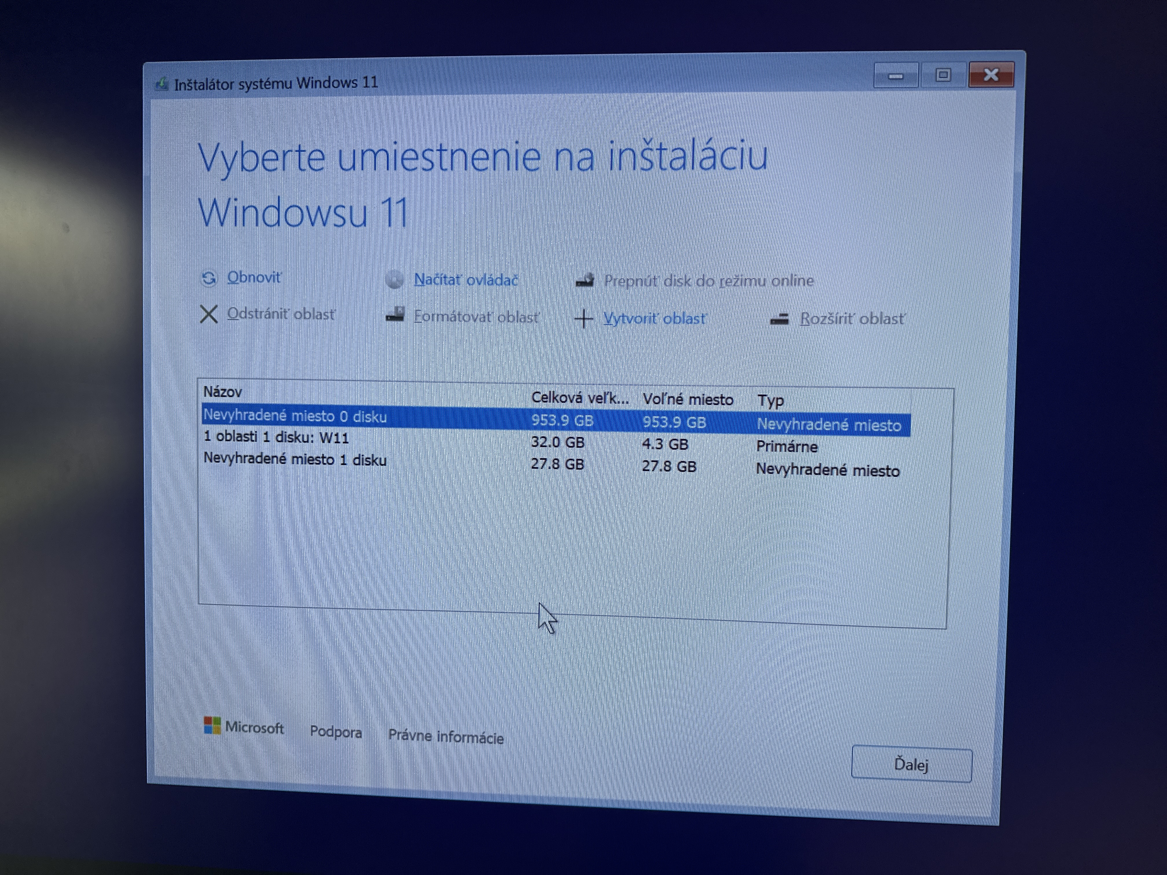 Príprava úložiska počas čistej inštalácie Windows.