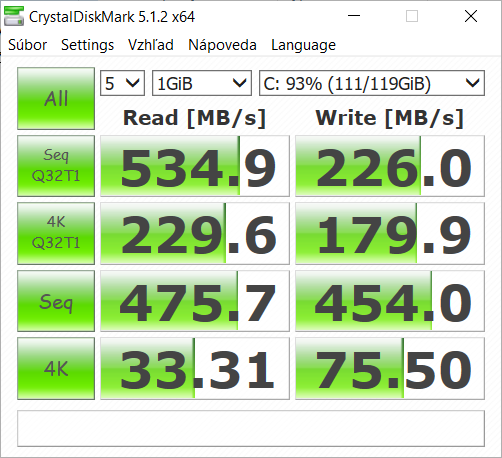 CrystalDiskMark systémového SSD: sekvenčné čítanie 534,9 MB/s a zápis 226,0 MB/s.