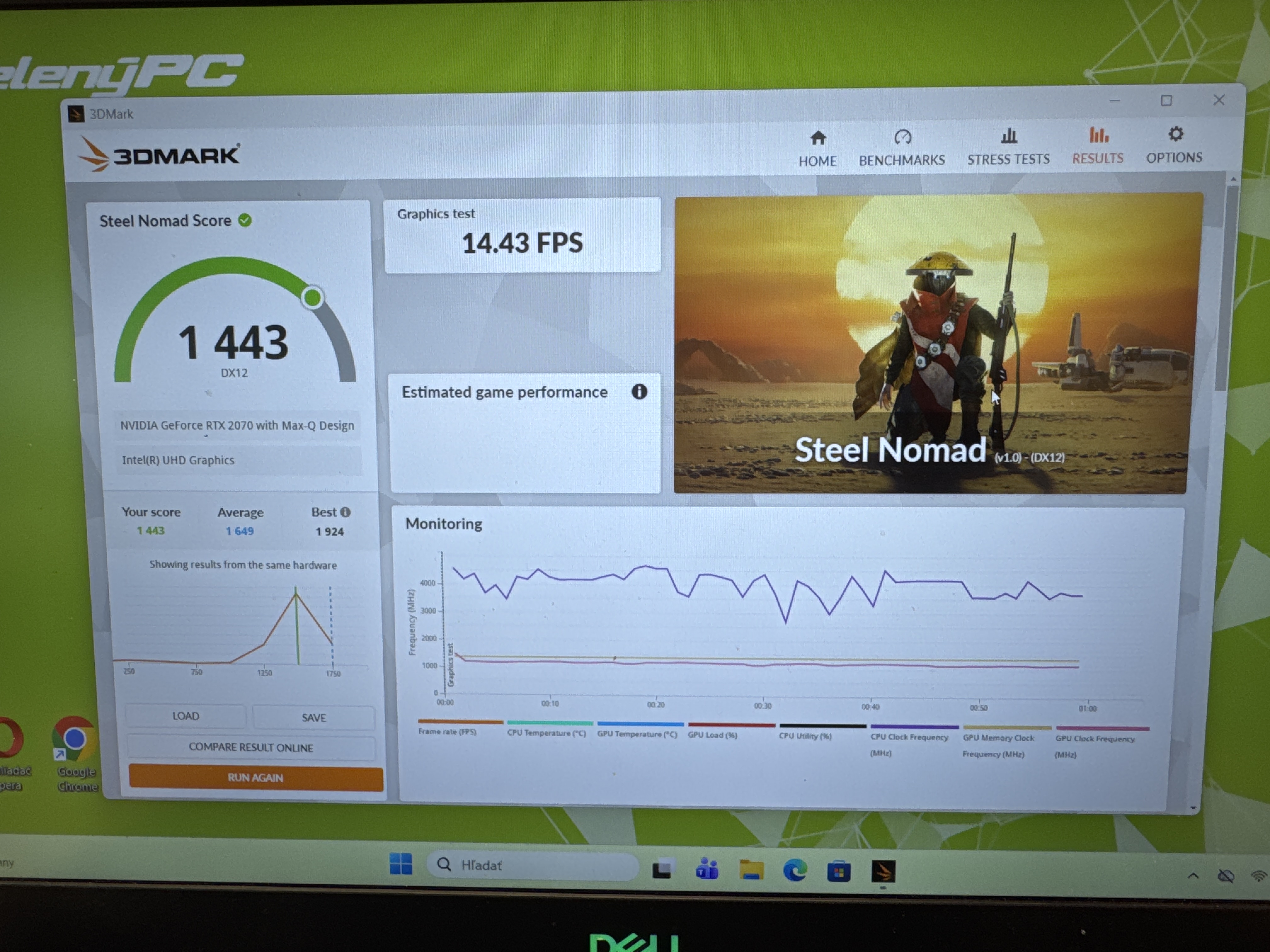3DMark Steel Nomad dokončil grafický test so skóre 1 443 bodov a priemerom 14,43 FPS.